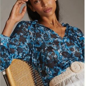 Anthropologie Sheer  Print Peasant Blouse